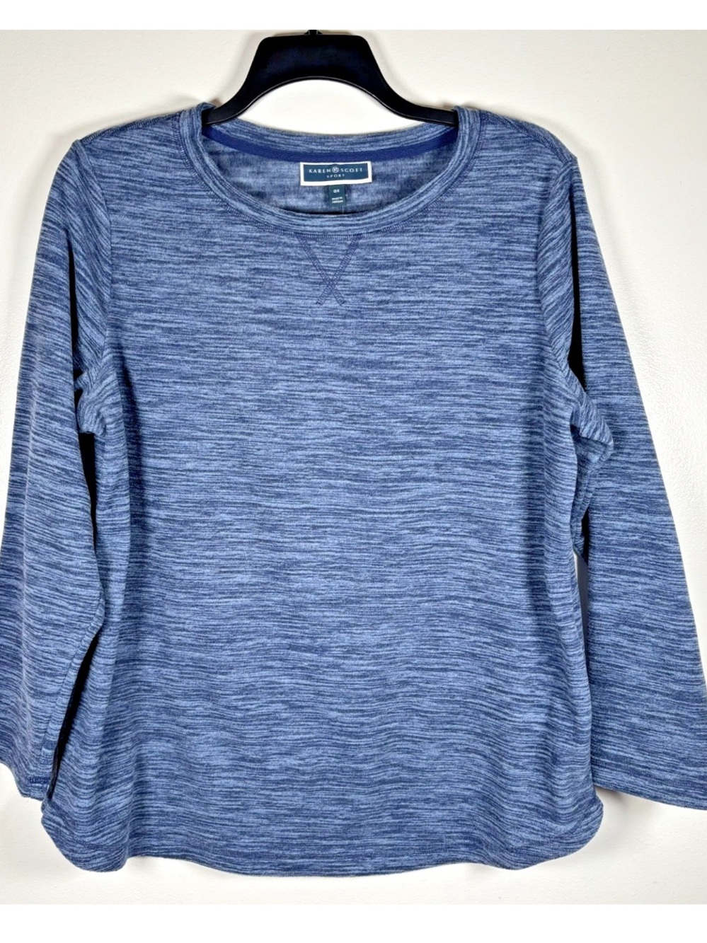 Karen Scott Top Women’s 0X Plus Blue Space-Dye Fleece Casual Comfy Cozy Lounge